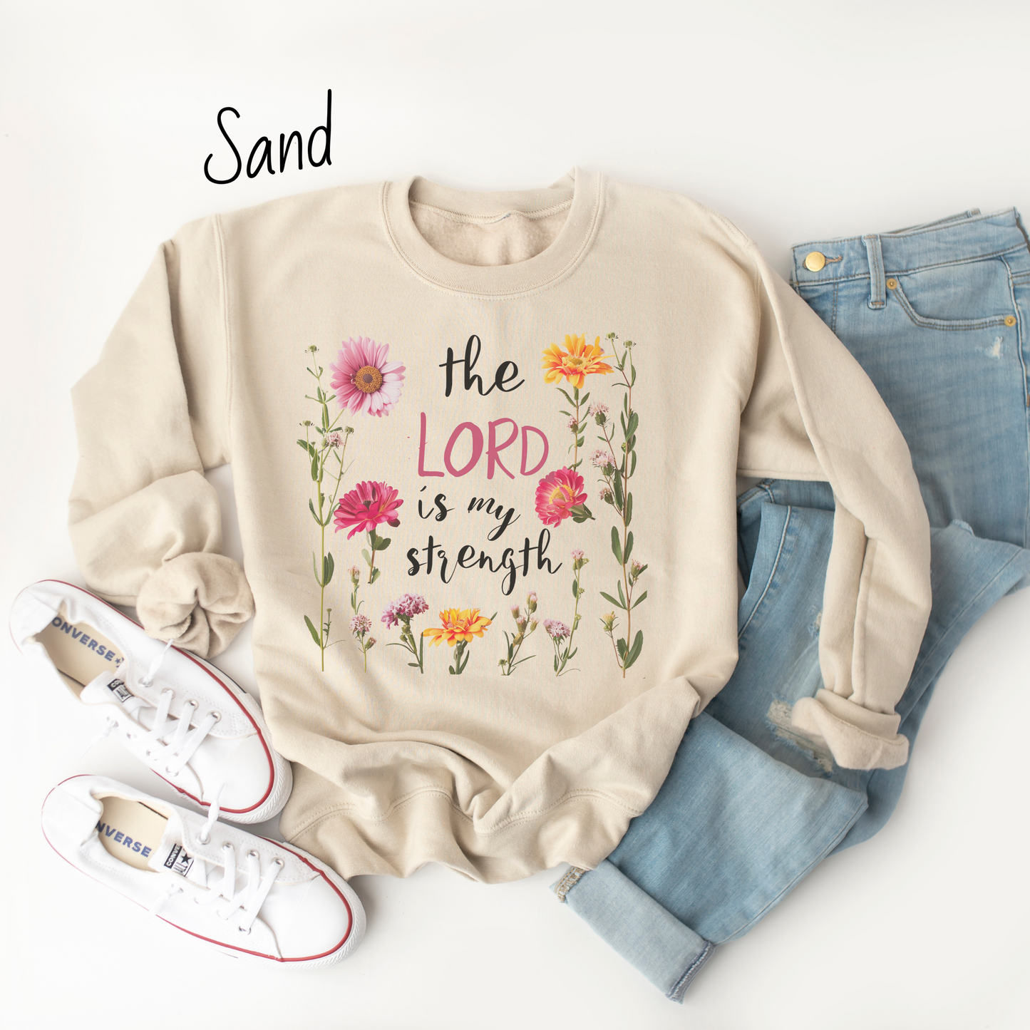 The Lord is My Strength Pink Floral Sweatshirt