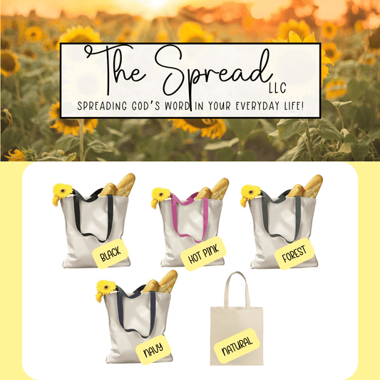 A promotional image for The Spread LLC features five Jesus The Way The Truth The Life Canvas Bags, perfect for bible study essentials. Each tote is filled with baguettes and yellow flowers, labeled: black, hot pink, forest, navy, and natural, set against a sunflower field at sunset.