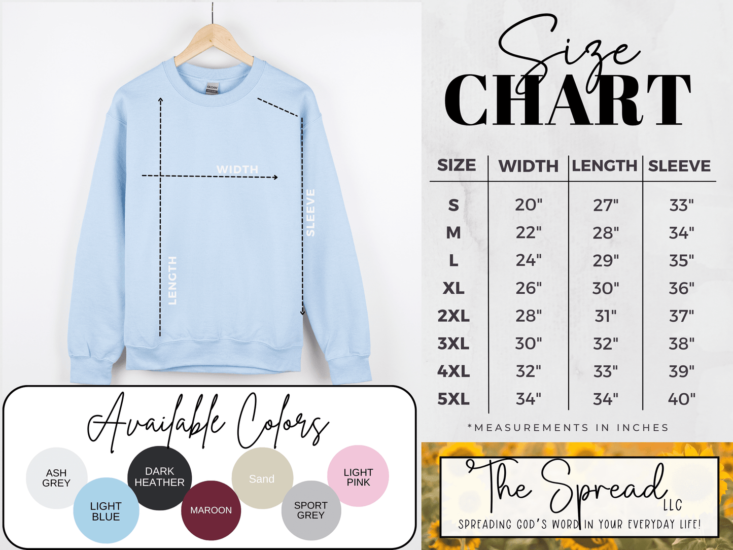 Sweatshirt size and color chart for The Spread LLC