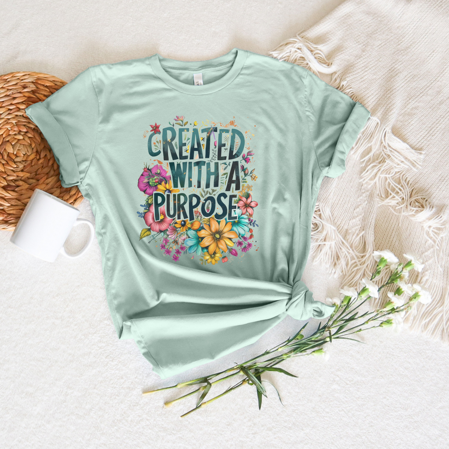 The Created With A Purpose Floral Style Short Sleeve Tee, made from airlume combed cotton in mint green, features a floral design. Its displayed on a cream fringed blanket with a white mug, woven placemat, and white flowers nearby.