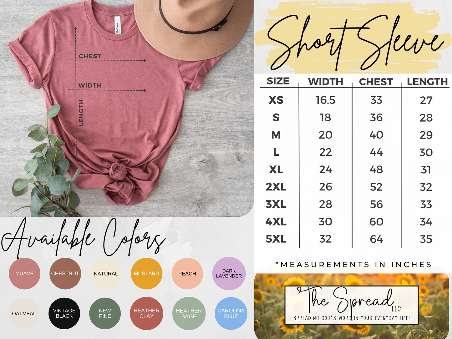 The Pray About It Short Sleeve Tee size chart shows inches for sizes XS to 4XL. Features a pink shirt with labels, a beige hat, available colors, Airlume cottons buttery softness, and Spread tee logo at the bottom.