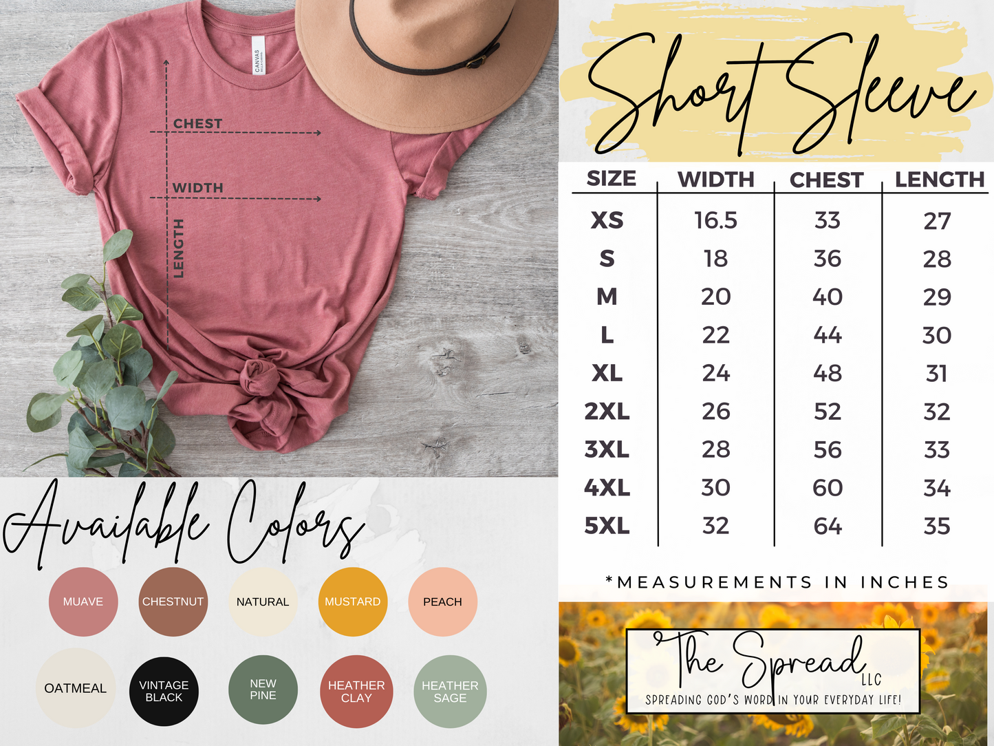 Flatlay of the Mamas Dont Let Your Babies Grow Up Without Jesus short sleeve tee in pink with a brown hat. Includes size chart for buttery soft tees from XS to 5XL, available in colors like mauve, chestnut, and peach.