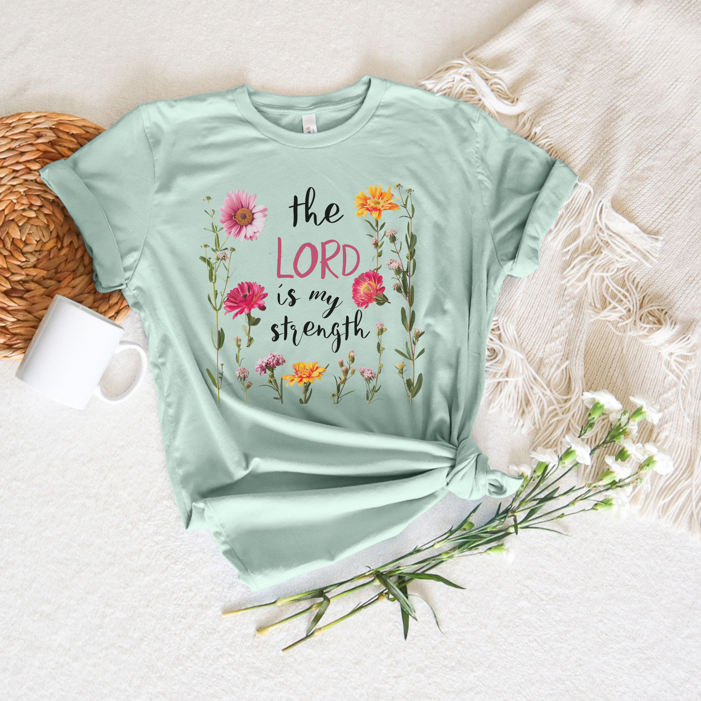 The Lord is My Strength Pink Floral Short Sleeve Tee