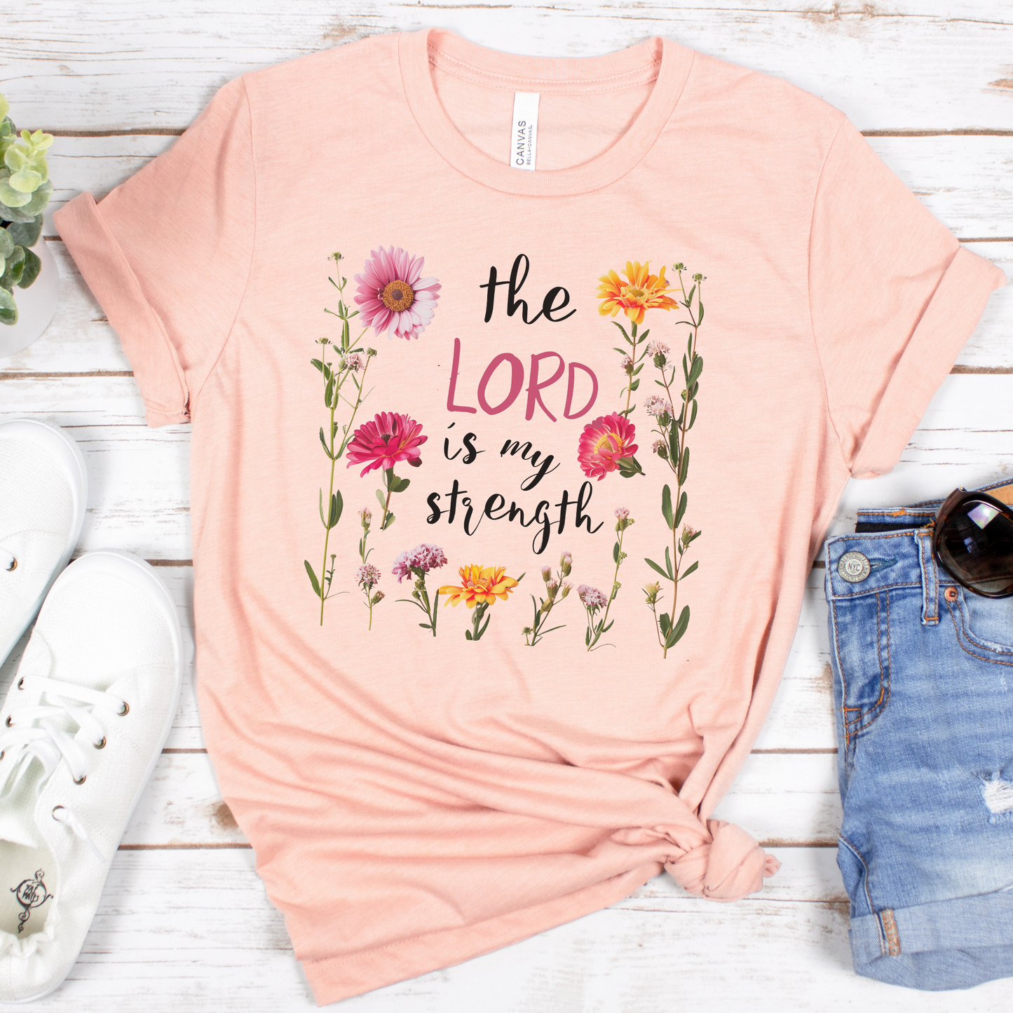 The Lord is My Strength Pink Floral Short Sleeve Tee