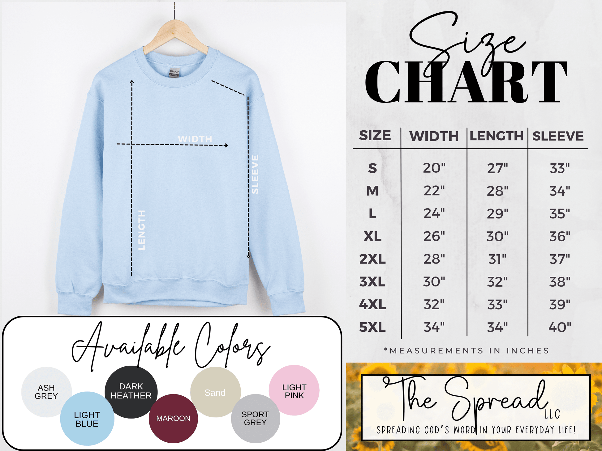 Sweatshirt size and color chart for The Spread LLC