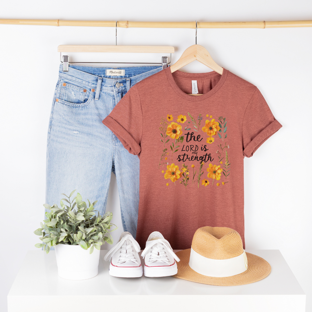 The Lord is My Strength Yellow Floral Short Sleeve Tee