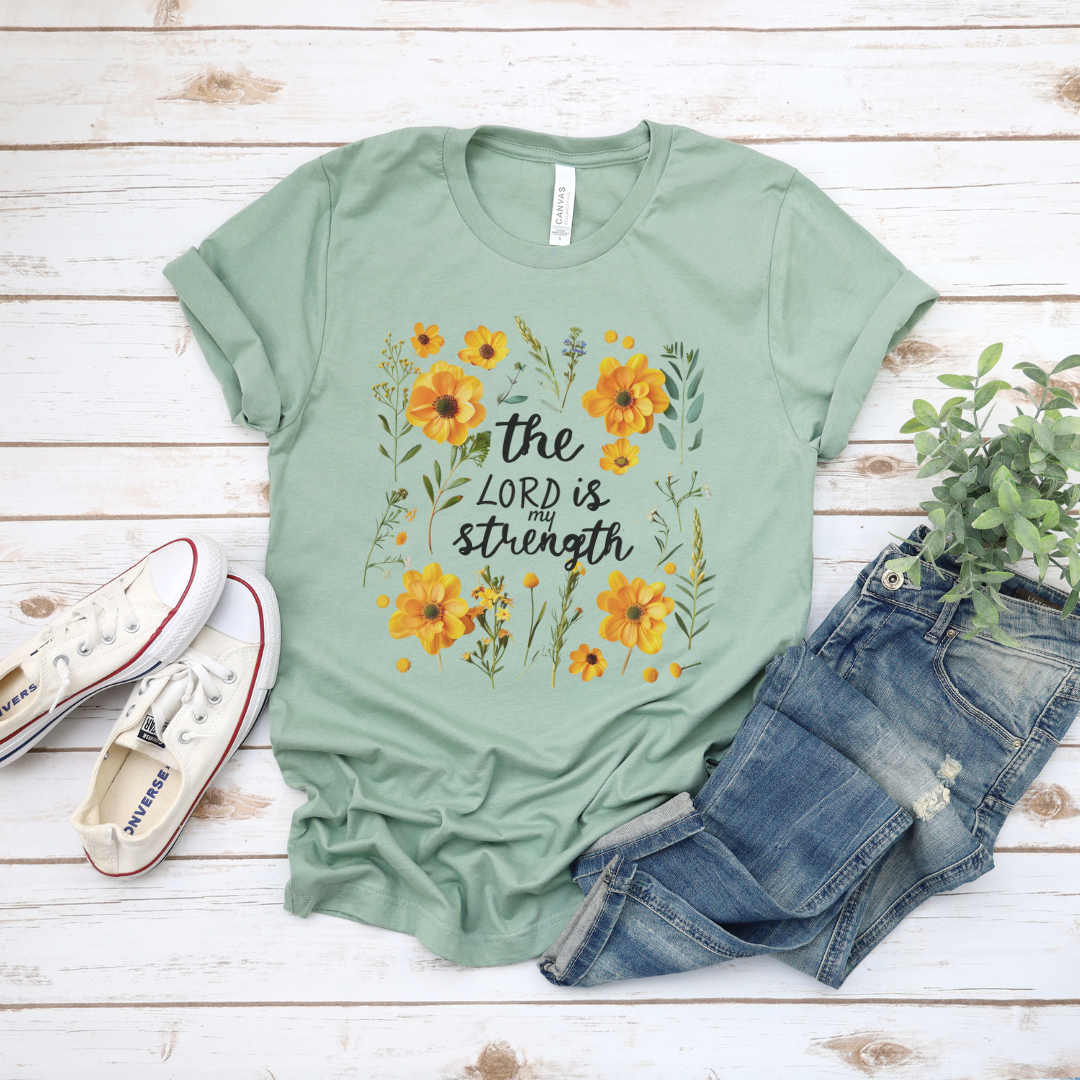 The Lord is My Strength Yellow Floral Short Sleeve Tee