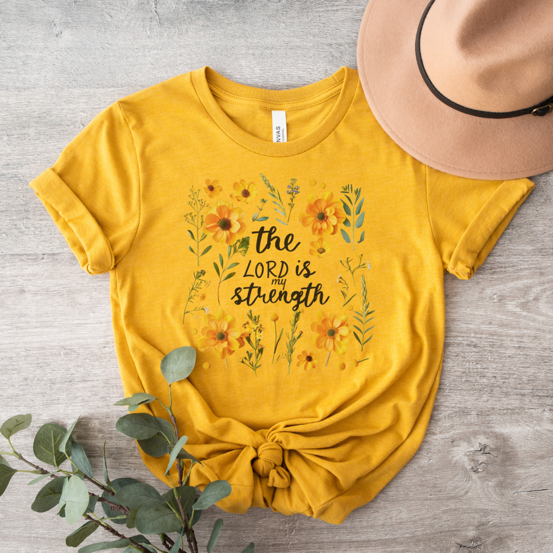 The Lord is My Strength Yellow Floral Short Sleeve Tee