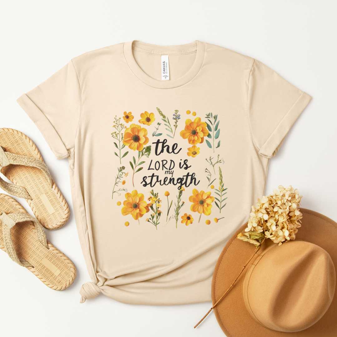 The Lord is My Strength Yellow Floral Short Sleeve Tee