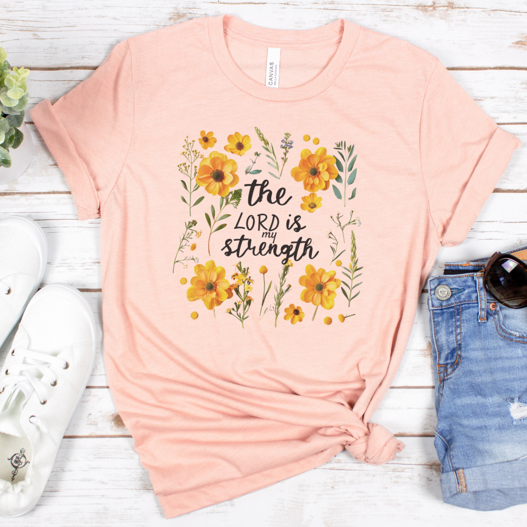The Lord is My Strength Yellow Floral Short Sleeve Tee