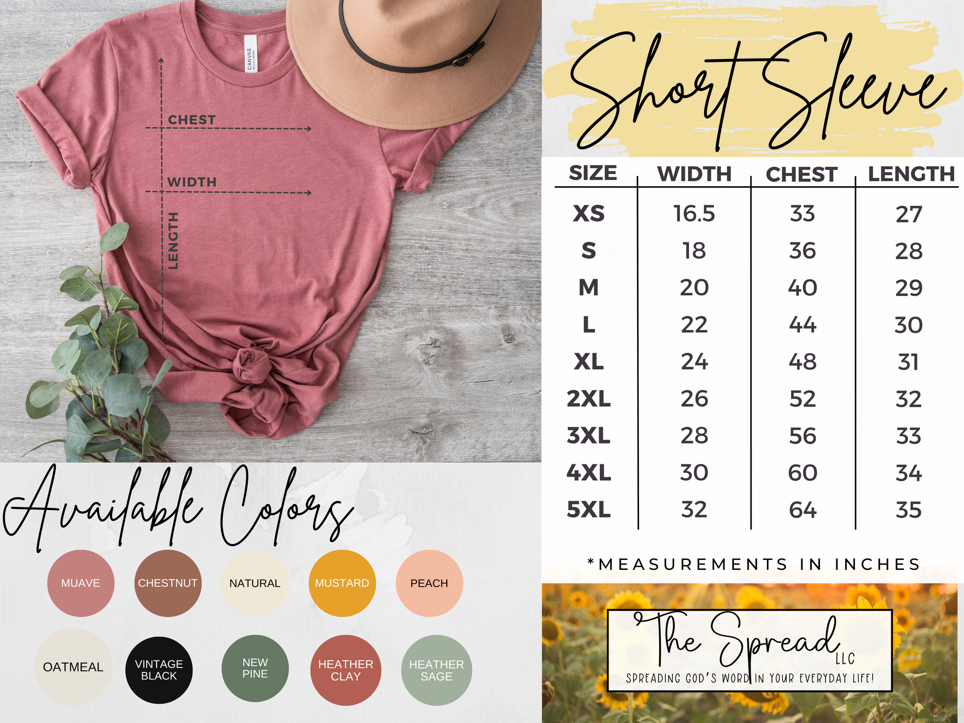 Flatlay of the Mamas Dont Let Your Babies Grow Up Without Jesus short sleeve tee in pink with a brown hat. Includes size chart for buttery soft tees from XS to 5XL, available in colors like mauve, chestnut, and peach.